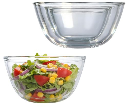 YAYODS Glass Mixing Bowl Set of 4 - Large Salad & Serving Bowls (800ml-2800ml) - Stackable Kitchen Prep Bowls for Baking, Cooking & Microwave - Clear Round Glassware