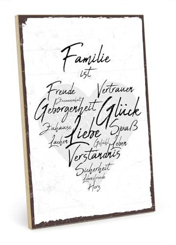 TypeStoff Holzschild mit Spruch – FAMILIE IST – im Vintage-Look mit Zitat als Geschenk und Dekoration zum Thema Zuhause, Vertrauen und Zusammenhalt - HS-00417