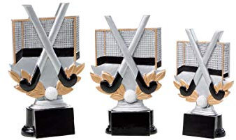 Henecka Hockey-Pokal, Resinfigur Hockey, Silber Rosegold schwarz, mit Wunschgravur, Größe 16 cm
