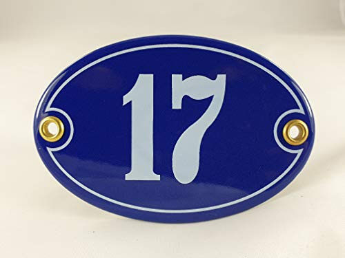 Emaille Hausnummer Schild Nr. 17, oval, Blau-Weiß mit Schrauben und Dübel Handarbeit