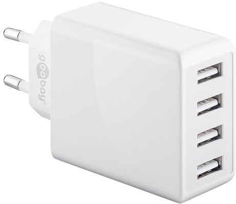 goobay 44962 4-vägs USB-laddare 30 W/strömförsörjning med 4 USB-ingångar/USB-laddare kan ladda mobiltelefon, såsom Iphone, Samsung, surfplatta/laddningskontakt/adapter för USB A-laddningskabel/vit