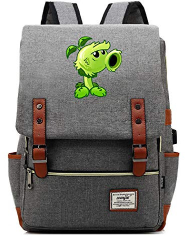 WANHONGYUE Plants vs. Zombies Spiel Backpack Vintage Schulrucksack Studententasche Schulranzen 15,6 Zoll Laptop Rucksack mit USB-Ladeanschluss Light Grey / 2