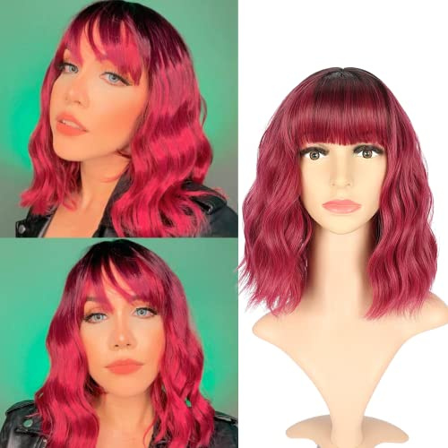 VCKOVCKO Ombre Color Natürliche gewellte Bob Perücke mit Pony Kurze Bob Perücken Damen schulterlange Perücken Schwarz bis Lila Curly Wavy Synthetic Cosplay(12,schwarz bis weinig )