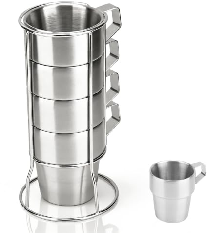 Cyrank 4 Stück Edelstahl Kaffeetassen stapelbare,Edelstahl Teetassen Mit Ständer,Stapelbare Tassen,Espressotassen,kleine Kaffeetasse Silber Teetassen mit Griff und Metallständer für Camping,Zuhause