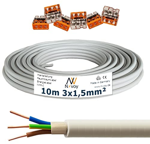 NYM-J 3x1,5 mm² 10m Mantelleitung Installationskabel mit 6 Stück WAGO Klemmen M81