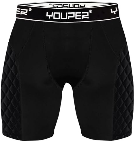 Youper Vuxen Elite kompression vadderade glidshorts med ficka för baseball, fotboll (svart/silver, X-Large)