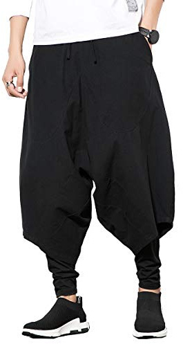 Seidarise harembyxor för män hiphop joggingbyxor säckiga breda ben byxor vardag haremslinne japansk yoga, Svart, XXL