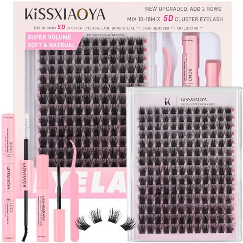 LYMYBETY 168Pcs Individual Eyelashes Kit, 0.10mm 56D 10-18mm Mixed Thin Band Wide Stem Lash Clusters with Lash Bond and Seal and Remover and Tweezers, DIY Eyelash Extension for DIY at Home
