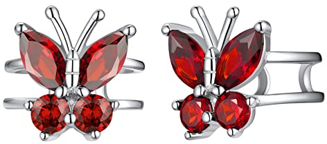 SILVERCUTE Clip d'oreille Femme Papillon Argent 925 avec Pierre de Naissance de Janvier - Grenat Synthétique