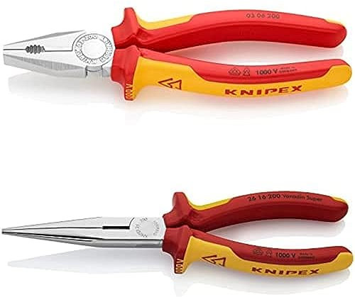 KNIPEX Kombizange 200 mm 03 06 200 + KNIPEX Flachrundzange mit Schneide (Storchschnabelzange) 200 mm 26 16 200, beide verchromt, isoliert mit Mehrkomponenten-Hüllen, VDE-geprüft