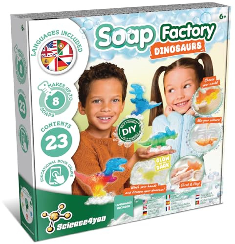 Science4you Dino Lab Kit de Fabricación de Jabón para Niños, Haga Sus Propios Jabones con Juguete de Dinosaurios en el Interior que Brillan En La Oscuridad, Dinos para Niñas y Niños 6 7 8 9+