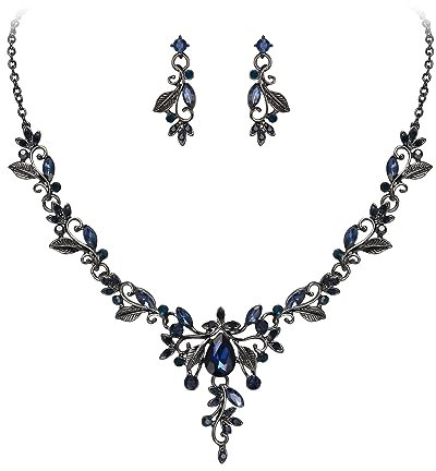 EVER FAITH Schmuck-Sets für Braut Österreichische Kristall Cluster Floral Vine Blatt Marquise Tropfen Halskette Ohrringe Set für Damen Marineblau Schwarz-Ton