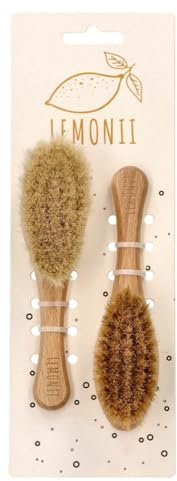 Ziegenhaarbürste mit Musselinflanell - Babypflege-Set - Kämmen, Waschen, Massage - Buchenholz, Natürliches Ziegenhaar, 100% Baumwolle - Baby Haarbürste Neugeborene