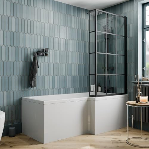 BAYSTONE 1700 x 855mm Right Hand L Shaped Shower Bath Bathtub with Front Panel + Black Framed Grid Bath Screen
