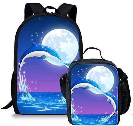 fifbird 17.3 Inch School Backpack and Lunch Box Food Picnic Bag for Children Blue Dolphin Print