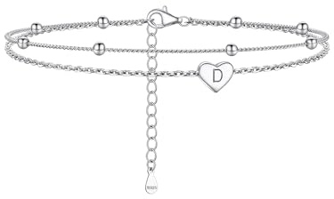 PROSILVER 925 Silber Fußkettchen mit Buchstabe D 22+5cm Sommerstrand Initiale Herz Charms Fußkette zweilagige Knöchel Armband Sommer Schmuck Accessoire für Damen Mädchen