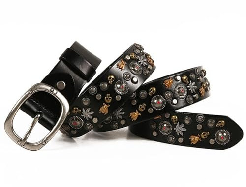 AKAFKKPYXSD Nietengürtel Aus Rindsleder Punk Rock Stil Geprägte Vintage Schnalle Handgefertigter Klassischer Verstellbarer Gürtel Schädel Biene Niete Eingraviert(110cm/waist:36~38, Black)