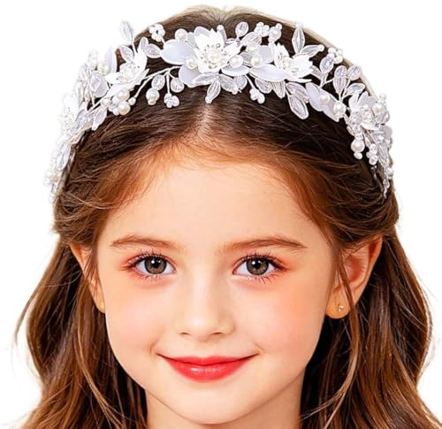IYOU Haarschmuck Kommunion Mädchen Kopfschmuck Hochzeit Weiß Blumen Haarband Erstkommunion Perle für Blumenmädchen