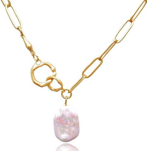 AnnChbpl freshwater baroque pearl necklace for women chain link cultured real pearls square statement 14K Gold plated Jewelry wedding birthday gift
