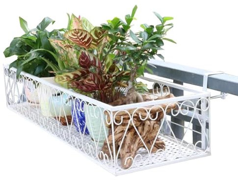Elegantes schmiedeeisernes Balkongeländer, Blumenständer mit Haken, Wandmontage, Hängeregal für Pflanzen und Blumen, dekorativer Topfaufhänger für Garten, Außenbereich, Weiß (120 x 30 x 18 cm)