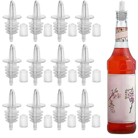 12 PCS Bottle Pourers And 12 PCS rubber pourers dust cap covers Syrup Pourer Pour Spouts Plastic Liquor Bottle Pourers with Rubber Pourers Dust Cap Covers Bottle Pourers (Clear)