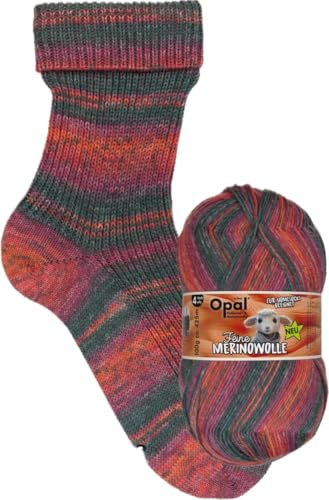 Opal Feine Merinowolle 4-fädige superweiche Sockenwolle, 100 g/420 m, 75% Merinowolle, 25% Polyamid, Nadelstärke 2-3, Maschinenwäsche 30°C (11555 wohltuend)