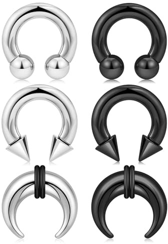 Longbeauty Septum Piercing Pincher Tapers 8G 6G 4G 2G Septum Stretching Kit C-Form Hufeisen Ohrmesser Ohrringe Nasenringe, 6 Pcs, 4MM