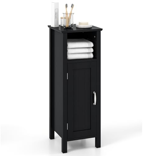 COSTWAY Badezimmerschrank, Badschrank mit offenem Fach, Schranktür & Verstellbarer Ablage, Beistellschrank, Aufbewahrungsschrank für Badezimmer, Wohnzimmer, Schwarz, 30 x 30 x 80 cm