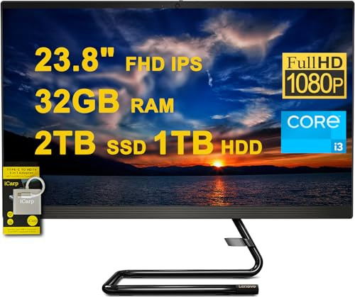 Lenovo IdeaCentre AIO 3 All-in-One Desktop 23.8 FHD IPS Anti-Glare Intel Quad-core i3-10100T 32GB RAM 2TB SSD + 1TB HDD Win10 w/ICP Accessory