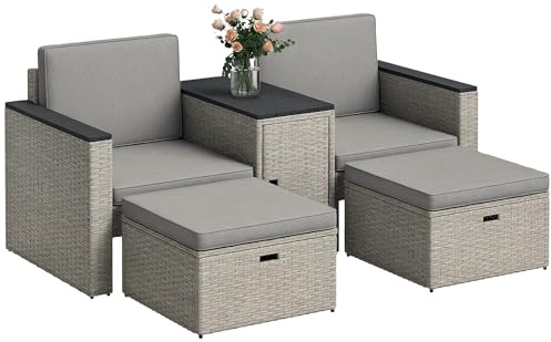 Outsunny 5 Piece Rattan Garden Furniture Set, Nesting Outdoor Furniture Conversation Set with 2 Footstools, WPC Storage Coffee Table and Cushions, Wicker Garden Sofa for Conservatory, Terrace, Grey