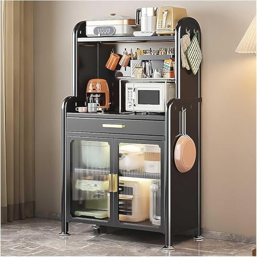 Bäckerregal mit 5 Etagen, mit verstellbarer Ablage für Küche, Aufbewahrungsständer, Doppeltüren, Schublade und Kaffeebar, Schrank, Schwarz, 147,5 x 60 cm
