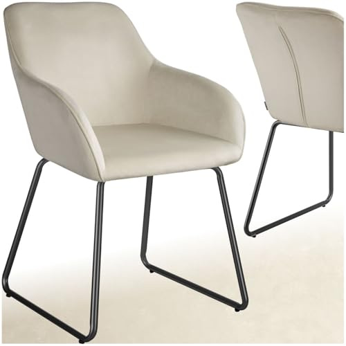 tectake® sedia in velluto per sala da pranzo, poltrona elegante, sedia imbottita con schienale, poltroncina di design, per soggiorno, cucina, ufficio, gambe in metallo, 1 unità - Crema/Nero