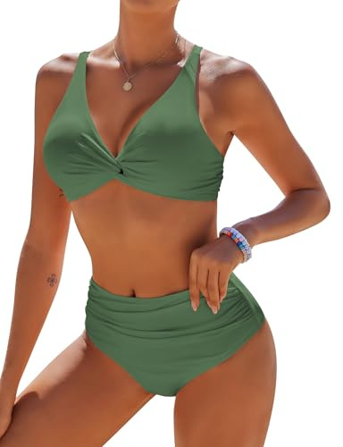 AI'MAGE Women's Bikini Set High-Waisted Bottoms Two Piece Swimsuits Swimwear Army Green XXL