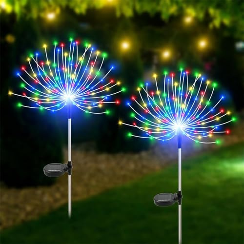 Mateju 2 Piezas Luces Solares LED Exterior Jardin Suelo, Lámpara Solares Exterior Jardín Impermeable IP66 para Césped, Patio,Pasillo, Decoración de Caminos (Fuegos artificiales color)
