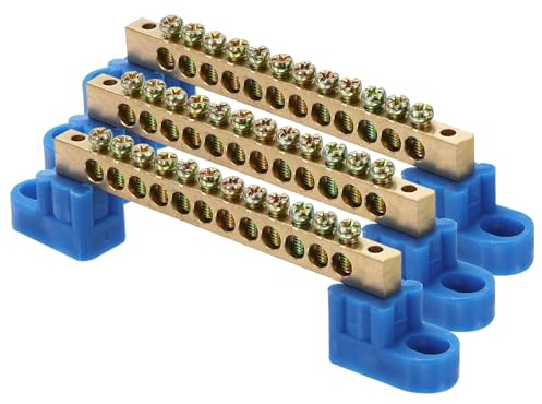sourcing map 3 barre terminali a terra, 12 posizioni a vite, in ottone, morsettiera di messa a terra 6 x 9 mm per apparecchiature elettriche, scatola di distribuzione, blu