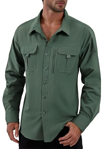 YOSUWOAI Camicia da uomo Safari da trekking a maniche lunghe, funzionale, traspirante, in cotone, con bottoni, da pesca, per attività all'aperto, vintage, a maniche lunghe, O verde dell'esercito, M