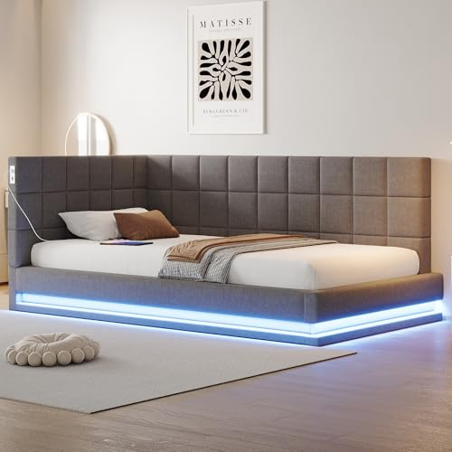 Kebnor Polsterbett Schlafsofa Multifunktionsbettmit LED Lichtleiste, USB Steckdose und Lattenrost, hautsympathischer Samtstoff(ohne Matratze) (Grau, 90 * 200cm)