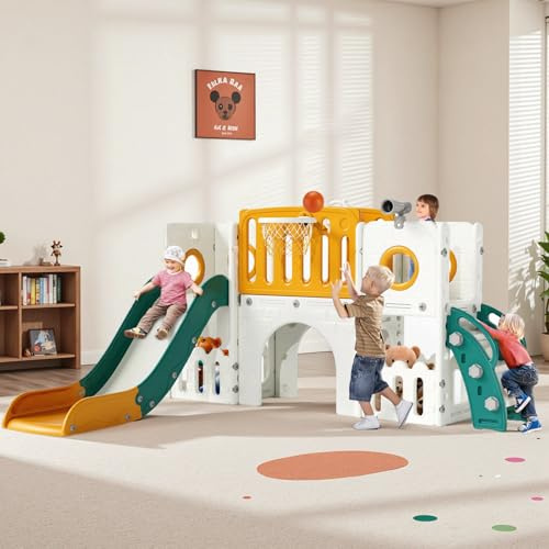 MAMIZO 9 en 1 Tobogán Infantil, Tobogán para Niños con Canasta de Baloncesto y Telescopio de Juego, Tobogán Infantil Interior y Exterio,con Almacenamiento, Túnel, a mit 2PCS Moduls, Amarillo Verde