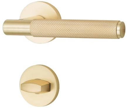 QRS - SORIA Türgriffe Innentüren – Türklinken Innen – aus Aluminium, für Türen 38-45 mm, Türdrückergarnitur, Drückergarnitur Zimmertür, Türbeschlag, Türdrücker - mit Rosette Rund WC, Gold Matt