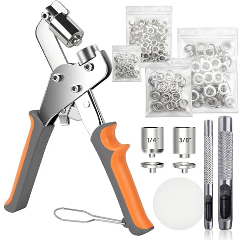 CRAFTMEMORE Grommet Tool Kit with 200 Silver Grommets, 3/8 and 1/4 inch Double Head Pliers, for Tarps, Fabric Rings, Leather, Tents, Vinyl, Canvas