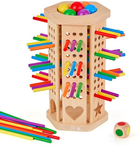 BYHANO Juego Montessori de Madera con 42 Piezas, Palos y Dados de Colores - Juguete Educativo de Matemáticas para Niños 3 4 5 6 Años - Juego de Habilidades Motoras Finas, Ideal para Familia y Viaje