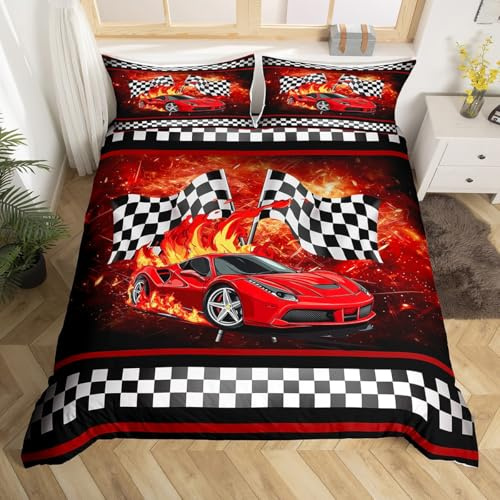 Homemissing Rennwagen Bettbezug Kinder Spiel Rennflaggen Bettwäsche Set 135x200cm Jungen Jugendliche Geschwindigkeit Sport Bettbezug Set Schwarz Weiß Plaid Flamme Auto Thema Bettwäsche