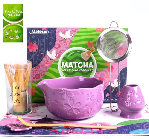 Matesen Matcha Kit Púrpura,Set de Matcha de 5 Piezas,Kit de Matcha Completo,Utensilios para Ceremonia de Té Japonés,Soporte para Batidor de Matcha,Caja de Regalo de Matcha para Navidad