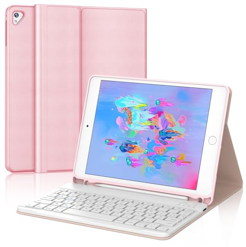 JADEMALL Coque Clavier pour iPad 9.7 6eme/5eme Generation 2018/2017, iPad Air 2/1 2014/2013, Pro 9.7, AZERTY Français Clavier Bluetooth avec Fente pour Stylo, Rose