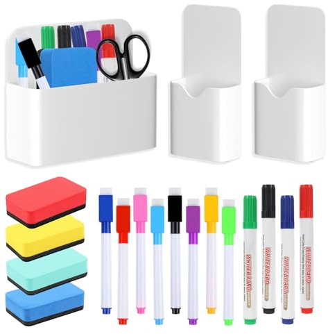 MENUY 19 Stück Whiteboard Zubehör, Magnetischer Stiftehalter Set mit 12 Whiteboard Markern Magnetisch, 4 Schwamm whiteboard, für Zuhause, Büro, Schule