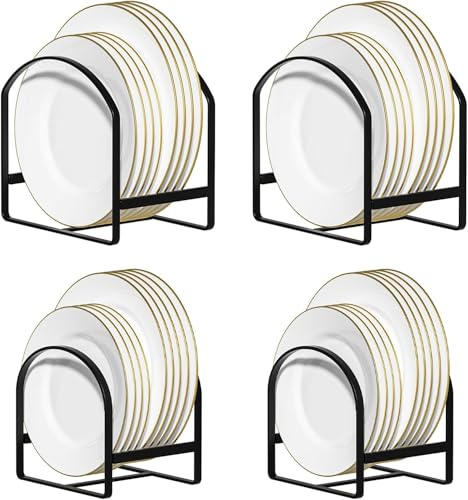 Taylor & Brown 4 Pack Kitchen Plate Holder Organiser, Metal Dish Storage Rack for Cabinet, Cupboard & Countertop, Space Saver Upright Dish Drying Stand – 2 Large & 2 Small, Black