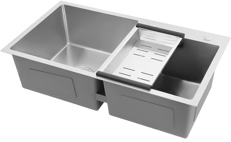 Fregadero doble de 78 x 43 x 21 cm, 2 cuencos, de acero inoxidable, con escurridor, juego de fregaderos empotrables con escurridor