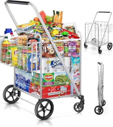Flovel Carrello della Spesa Jumbo - Capacità 150 kg - Carrello per Trasporto Pesante con 4 Ruote Girevoli 360° e Doppio Cestino - Carrello della Spesa Pieghevole per Trasporto Alimenti, Bagagli