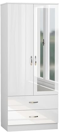 Nera Gloss White 2 Door Wardrobe with Drawers and Mirror 180cm for Bedrooms | Full Length Mirror and Two Drawers