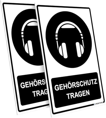 PRINTIMA 2x Schild „GEHÖRSCHUTZ TRAGEN“ 21x32 cm PVC Set inkl. Dübel, wetterfest, UV-beständig, Warnschild mit Piktogramm für Arbeitsschutz & Baustelle